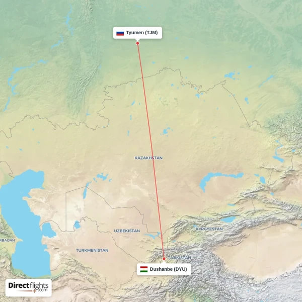 Tyumen - Dushanbe direct flight map