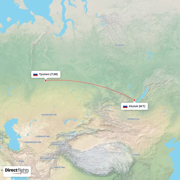 Tyumen - Irkutsk direct flight map