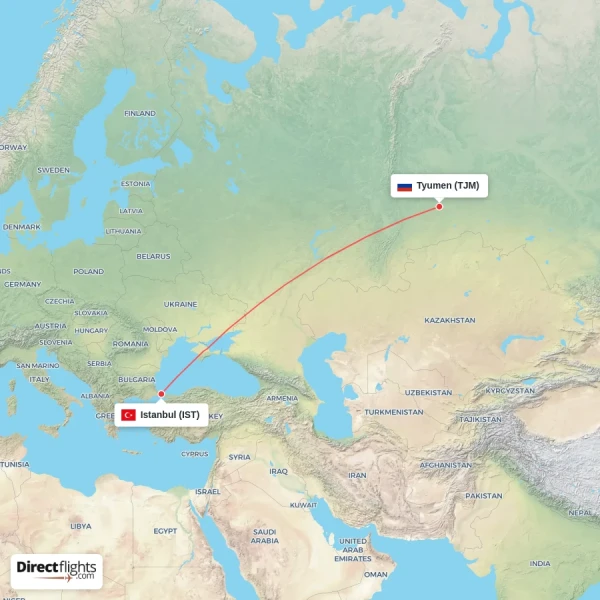 Tyumen - Istanbul direct flight map