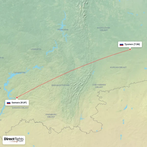 Tyumen - Samara direct flight map