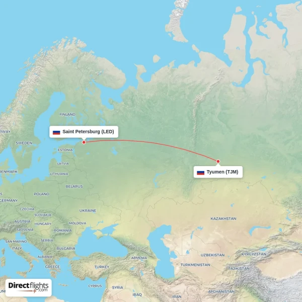 Tyumen - Saint Petersburg direct flight map
