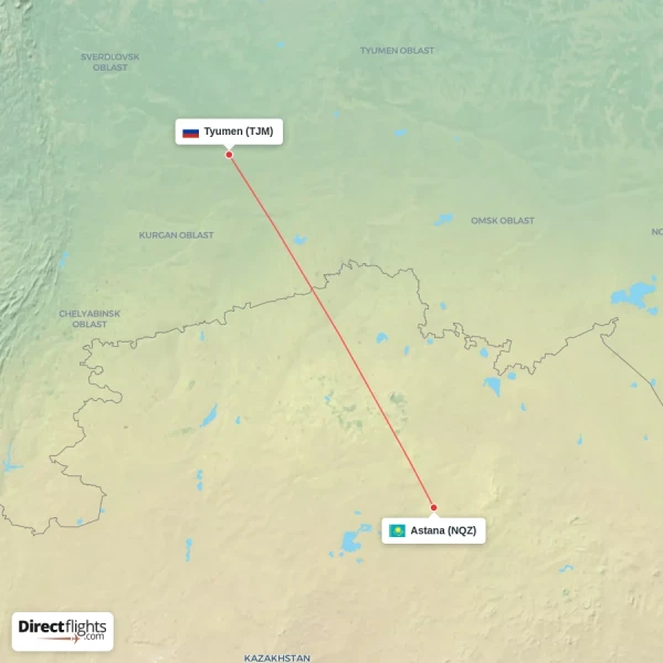 Tyumen - Astana direct flight map