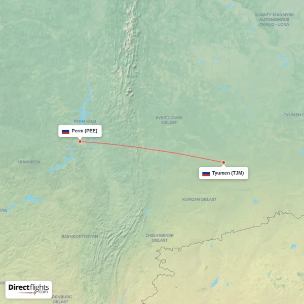 Tyumen - Perm direct flight map