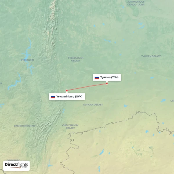 Tyumen - Yekaterinburg direct flight map
