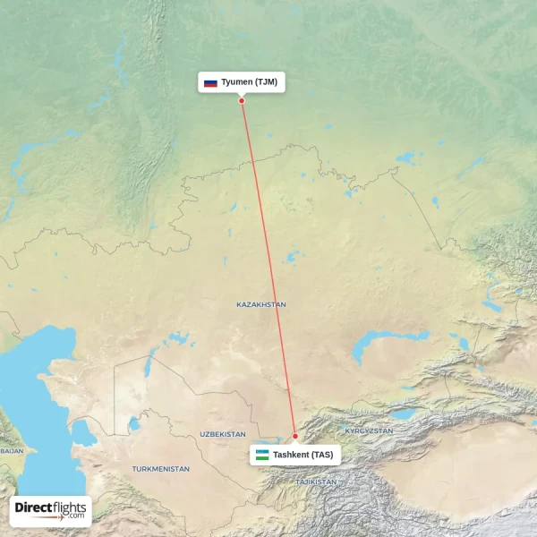 Tyumen - Tashkent direct flight map