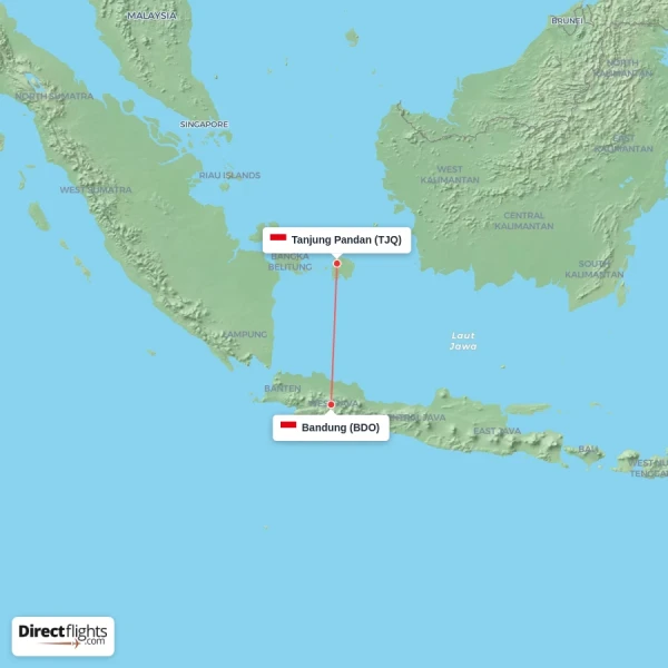 Tanjung Pandan - Bandung direct flight map