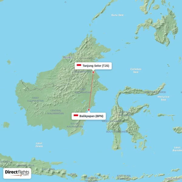 Tanjung Selor - Balikpapan direct flight map