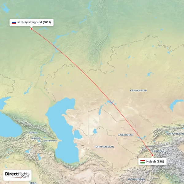 Kulyab - Nizhniy Novgorod direct flight map