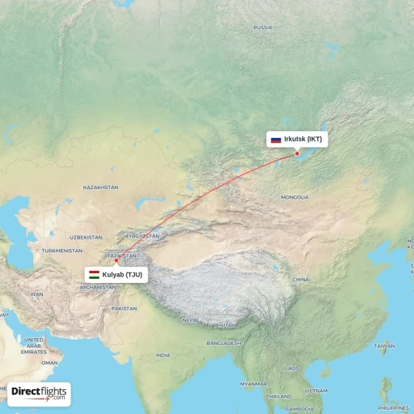 Kulyab - Irkutsk direct flight map