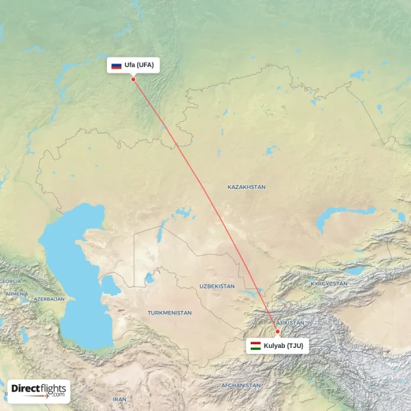 Kulyab - Ufa direct flight map