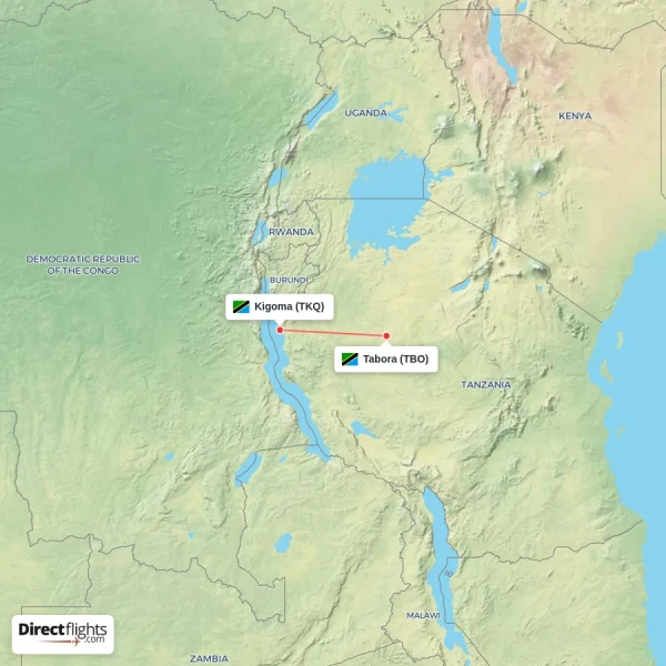 Kigoma - Tabora direct flight map