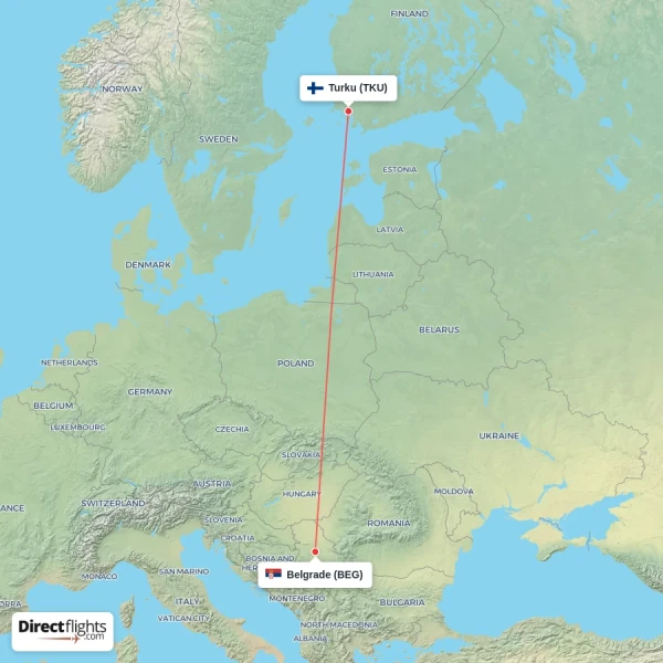 Turku - Belgrade direct flight map