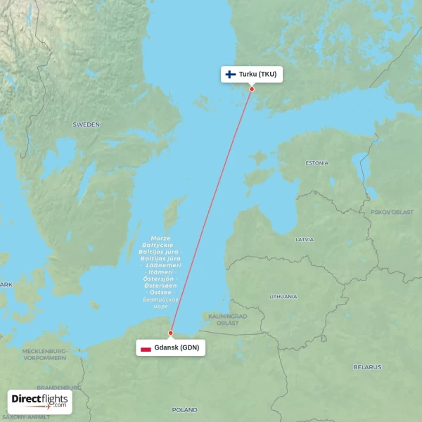 Turku - Gdansk direct flight map