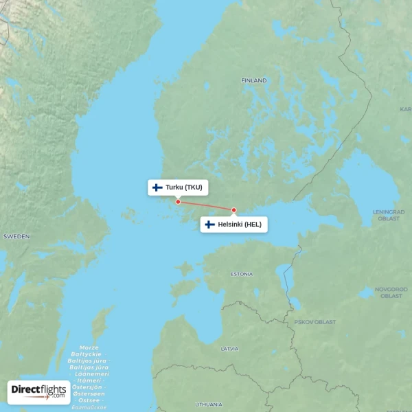 Turku - Helsinki direct flight map