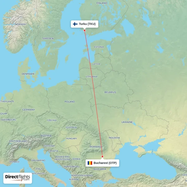 Turku - Bucharest direct flight map