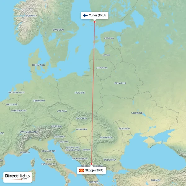 Turku - Skopje direct flight map
