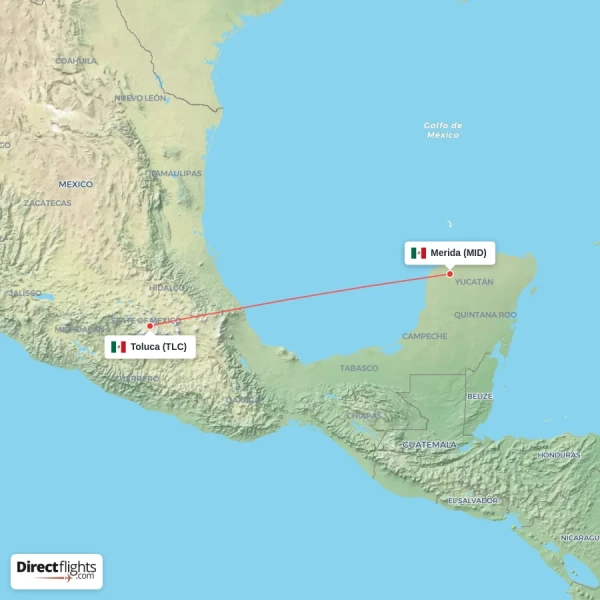 Toluca - Merida direct flight map