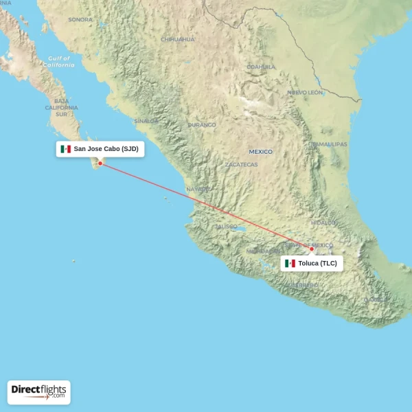 Toluca - San Jose Cabo direct flight map