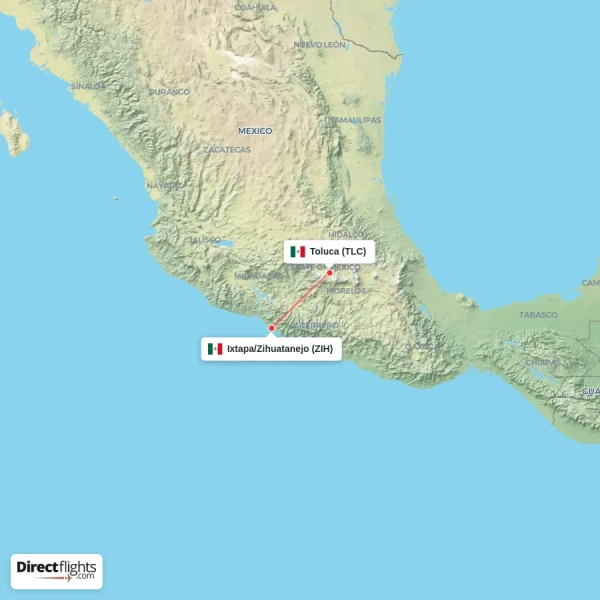 Toluca - Ixtapa/Zihuatanejo direct flight map