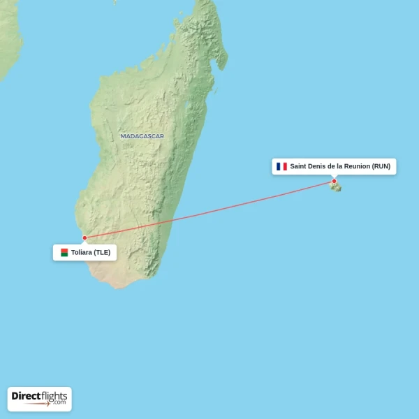 Toliara - Saint Denis de la Reunion direct flight map