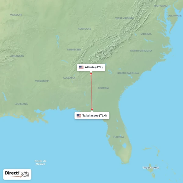 Tallahassee - Atlanta direct flight map