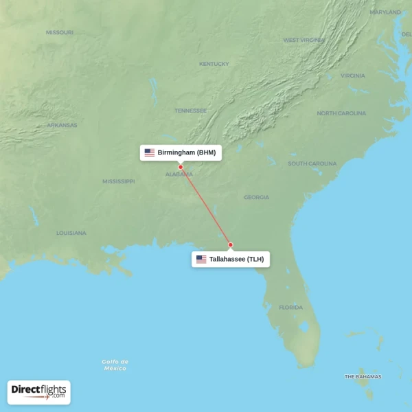 Tallahassee - Birmingham direct flight map