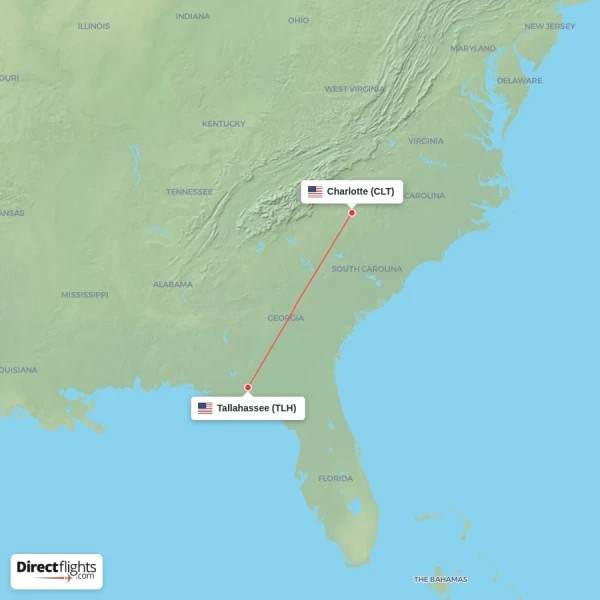Tallahassee - Charlotte direct flight map