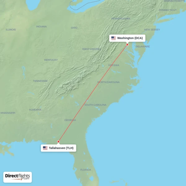 Tallahassee - Washington direct flight map