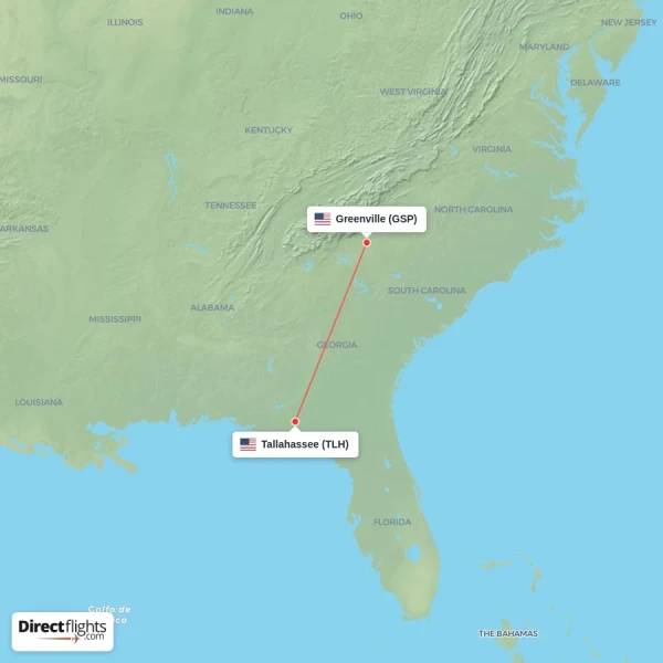 Tallahassee - Greenville direct flight map
