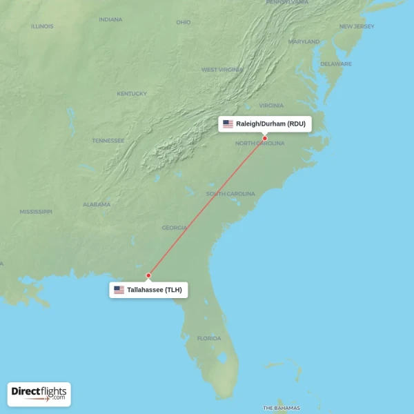 Tallahassee - Raleigh/Durham direct flight map