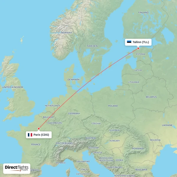 Tallinn - Paris direct flight map
