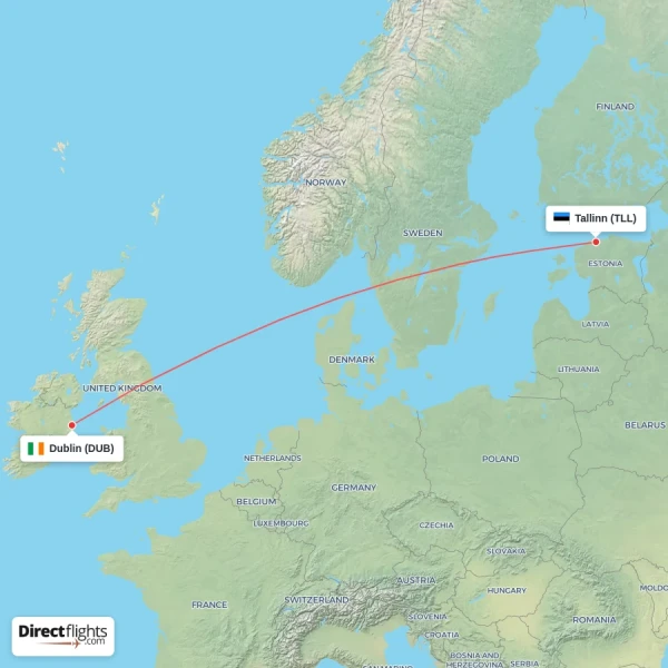 Tallinn - Dublin direct flight map