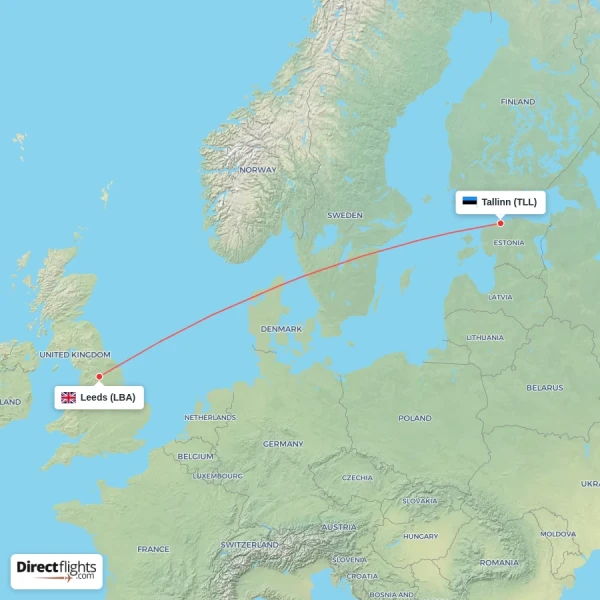 Tallinn - Leeds direct flight map