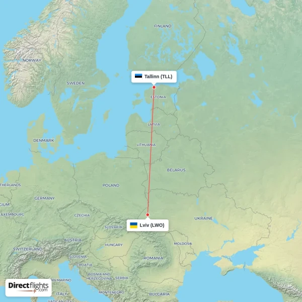 Tallinn - Lviv direct flight map