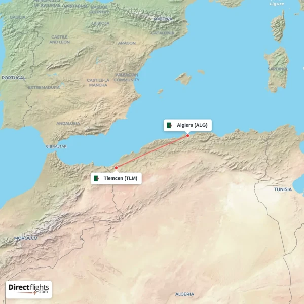 Tlemcen - Algiers direct flight map