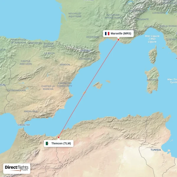 Tlemcen - Marseille direct flight map