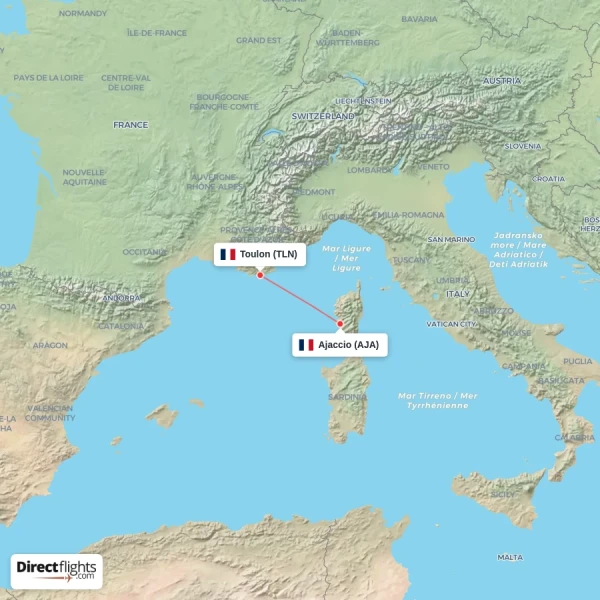 Toulon - Ajaccio direct flight map