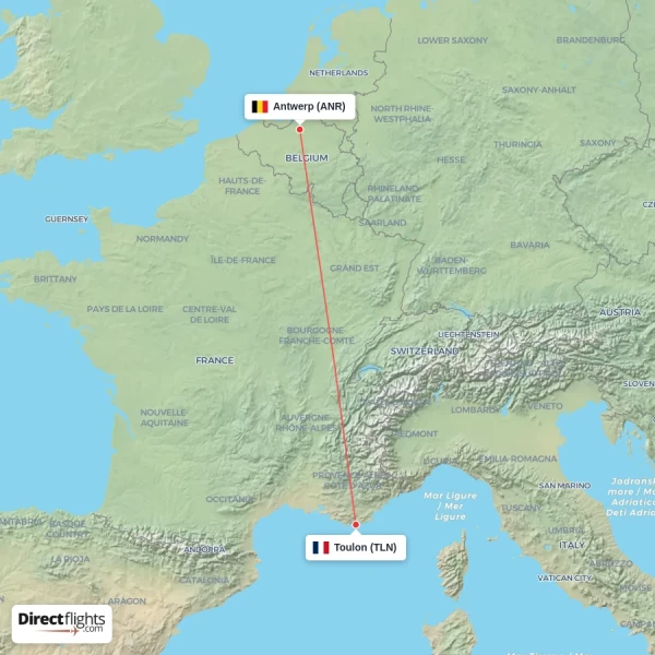 Toulon - Antwerp direct flight map