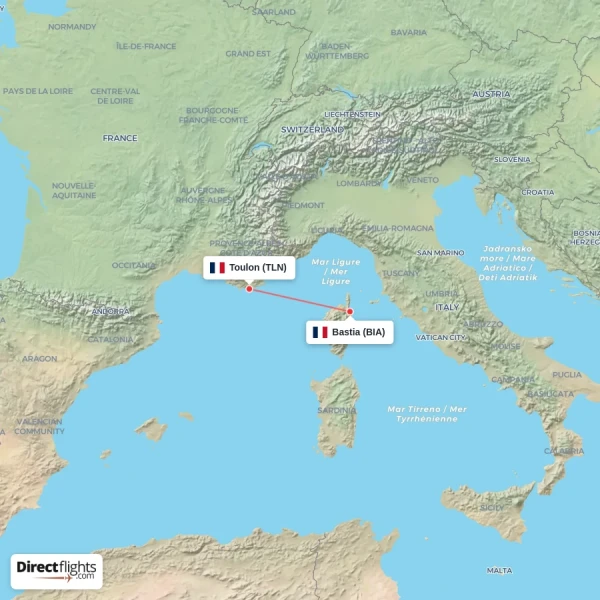 Toulon - Bastia direct flight map