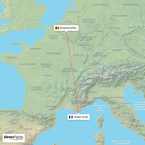 Toulon - Brussels direct flight map