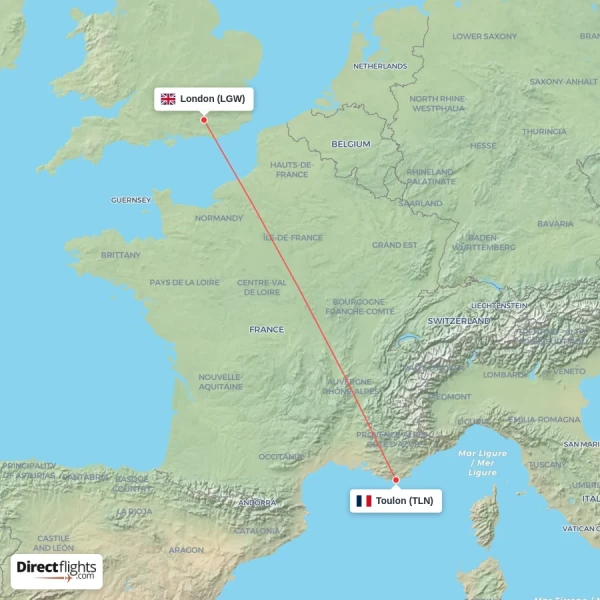 Toulon - London direct flight map