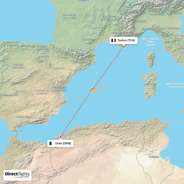 Toulon - Oran direct flight map