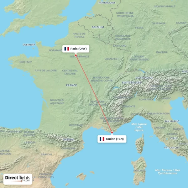 Toulon - Paris direct flight map