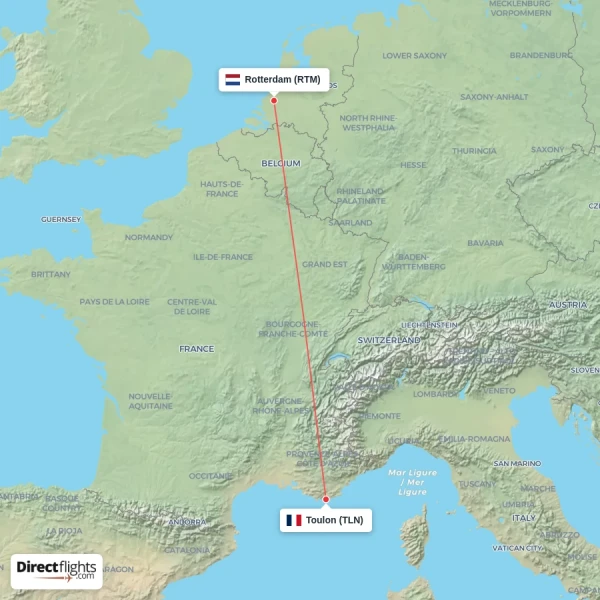 Toulon - Rotterdam direct flight map