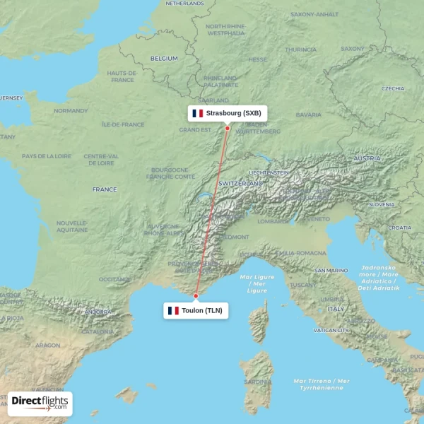 Toulon - Strasbourg direct flight map