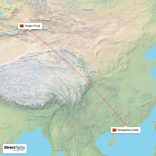 Turpan - Guangzhou direct flight map
