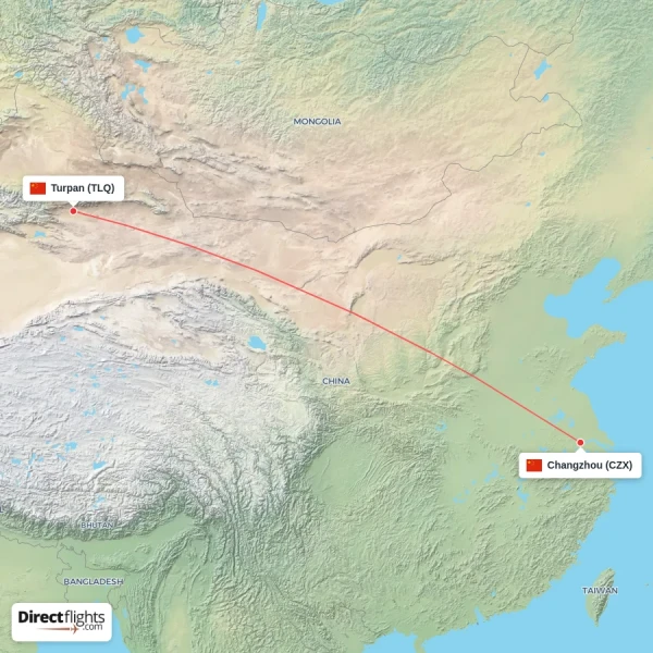 Turpan - Changzhou direct flight map
