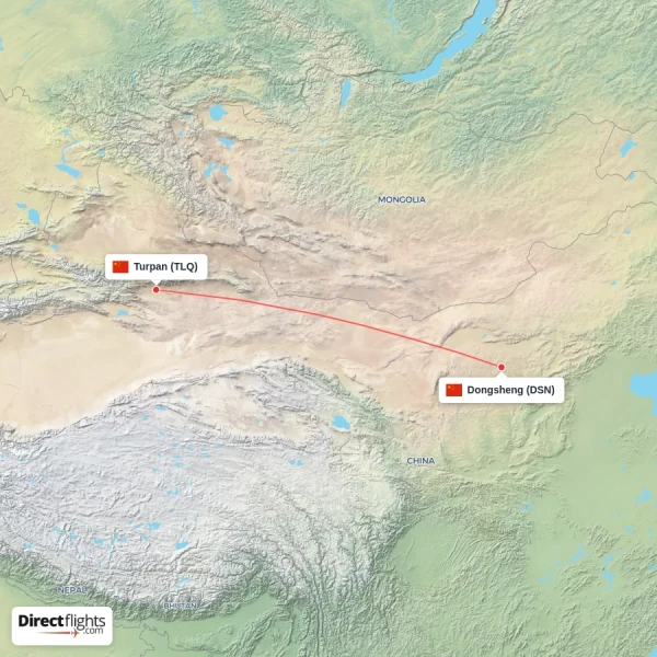 Turpan - Dongsheng direct flight map
