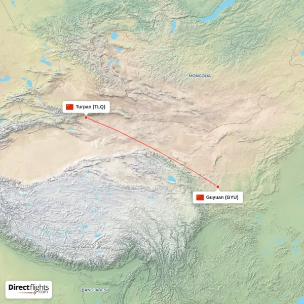 Turpan - Guyuan direct flight map