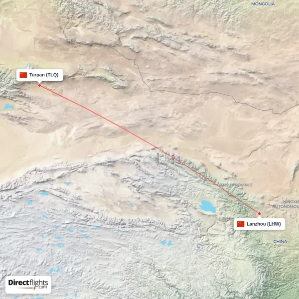 Turpan - Lanzhou direct flight map